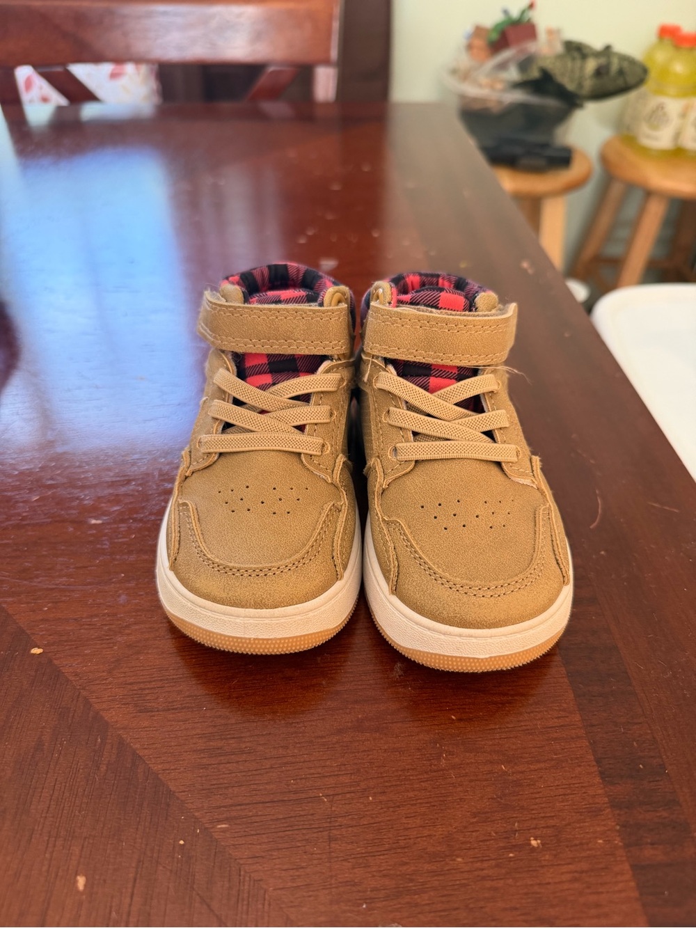 Kids Tan High-Top Sneakers with Red Plaid Lining